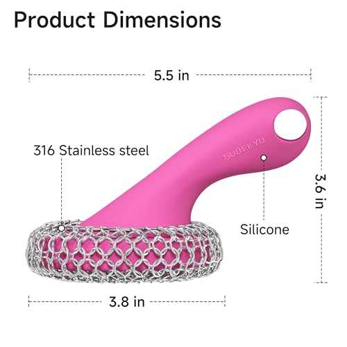 SUBEKYU Cast Iron Scrubber with Silicone Handle, Stainless Steel Skillet Cleaner for Cast Iron Pans (Pink) - color: Pink