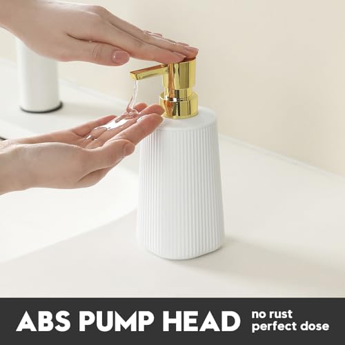 Small Soap Dispenser for Bathroom and Kitchen, Modern Farmhouse Striped Style Plastic Hand Soap Dish Soap Dispenser with Pump Matte White and Gold - color: White and Gold