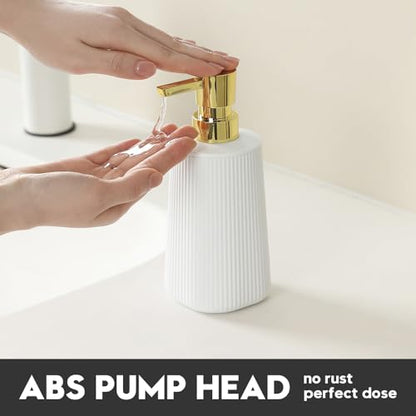 Small Soap Dispenser for Bathroom and Kitchen, Modern Farmhouse Striped Style Plastic Hand Soap Dish Soap Dispenser with Pump Matte White and Gold - color: White and Gold