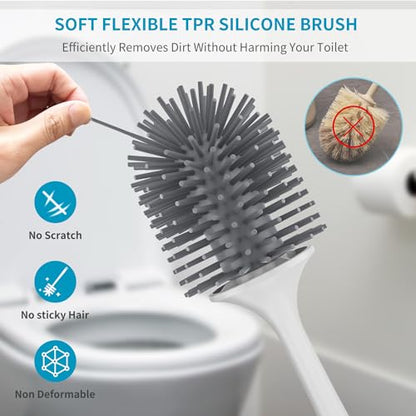 Silicone Toilet Brush and Holder Set, Toilet Bowl Brush with Tweezers Long Handle, Toilet Cleaner Brush for Bathroom Deep Cleaning, Elegant Toilet Scrubber Bathroom Accessories (Dark Gray) - color: Dark Gray