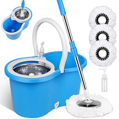 Mop and Bucket with Wringer Set, Separate Dirty Water with 3 Microfiber Replacement Mop Head Refills, 61" Stainless Steel Adjustable Handle for Floor Cleaning, (Mop Bucket 20QT) - color: Blue