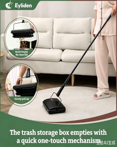 Eyliden X-Large Carpet Sweeper - Quiet Manual Sweeper for Carpets & Rugs | 1 Extra Refill Roller Brush, Non-Electric, Hand Push, Quietly Cleans Debris and Messes, Restaurant Roller Broom, Mint - color: Black