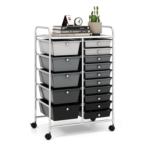 LDAILY 15 Drawer Rolling Storage Cart, Rolling Cart with Drawers for Classroom, Art Supply Craft Organizer on Wheel with Metal Frame & Handles for Home Office School - color: Gradient Gray, size: 15 Drawer