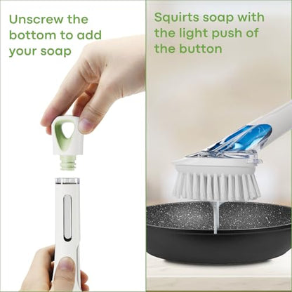 RIMAY Dish Brush with Soap Dispenser, Dish Washing Brush with Handle, Soap Dispensing Dish Brush, Soap Brush for Kitchen Sink, Dish Wand Kitchen Brushes for Dishes/Pans/Pots/Sink (White) - color: White