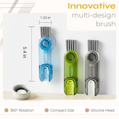 Multifunctional 3-in-1 Cleaning Brush for Cups, Bottles & Keyboards – Portable Glass & Lid Gap Cleaner for AirPods, Hard-to-Reach Corners – ABS & Silicone Compact Design (Blue/Dark Grey/Green).