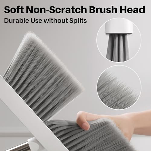 JOYMOOP White Broom and Dustpan Set, Upright Angle Design with Built-in Comb Teeth for Kitchen, Office, Pet Hair, Hard Floors - color: White & Grey