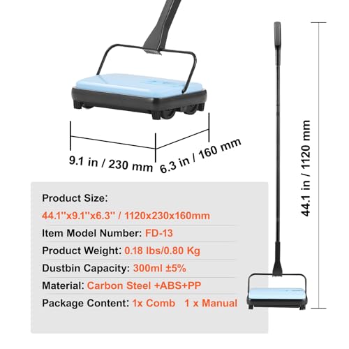 VEVOR Carpet Sweeper Manual, Floor Sweeper with 300 ml Dustbin Capacity Easy to Empty, 6.7 inch Cleaning Width for Home Office Carpets Pet Hair Dust, Blue - color: Blue