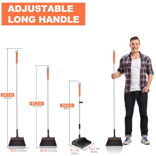 Broom with Dustpan Combo Set, 54'' Extendable Long Handle Broom, 180 Degree Rotating Brush Indoor Sweeping, Dustpan with Comb Teeth, Ideal for Home, Kitchen, Lobby, and Office