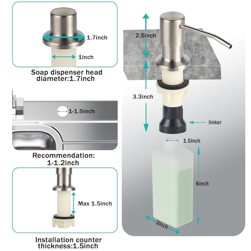 Built in Soap Dispenser for Kitchen Sink, Brushed Nickel Stainless Steel Countertop Pump Head (Plastic Built-in), Dish Soap Hand Lotion Dispenser with Refillable 17OZ Bottle (Brushed Nickel) - color: Brushed Nickel
