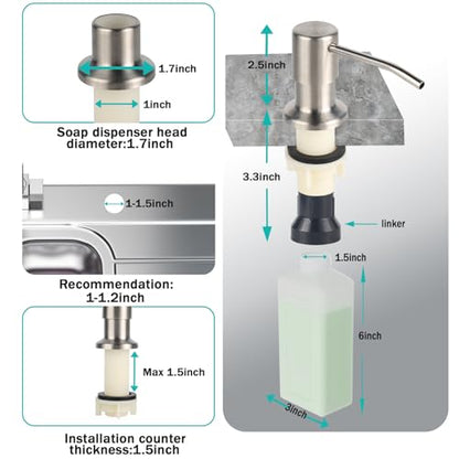 Built in Soap Dispenser for Kitchen Sink, Brushed Nickel Stainless Steel Countertop Pump Head (Plastic Built-in), Dish Soap Hand Lotion Dispenser with Refillable 17OZ Bottle (Brushed Nickel) - color: Brushed Nickel