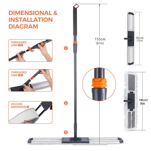 Dust Mop for Hardwood Floors 36 inch Commercial Industrial Floor Dust Mop with Extra 3 Mop Refill Pads 61 Inch Long Handle for Cleaning Office Garage Hardwood Warehouse Factory Mall Deck - size: 36 inches