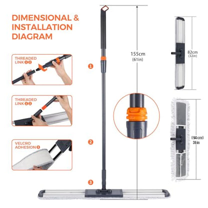 Dust Mop for Hardwood Floors 36 inch Commercial Industrial Floor Dust Mop with Extra 3 Mop Refill Pads 61 Inch Long Handle for Cleaning Office Garage Hardwood Warehouse Factory Mall Deck - size: 36 inches