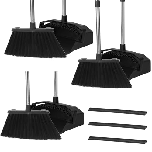 Tiumso 3-Pack Upright Broom with Dustpan Combo Set, Commercial Broom and Dustpan Set, Industrial Brooms and Dust Pan with Long Handle for Restaurant Kitchen Shop Warehouse Lobby Garage - Black - color: All Black