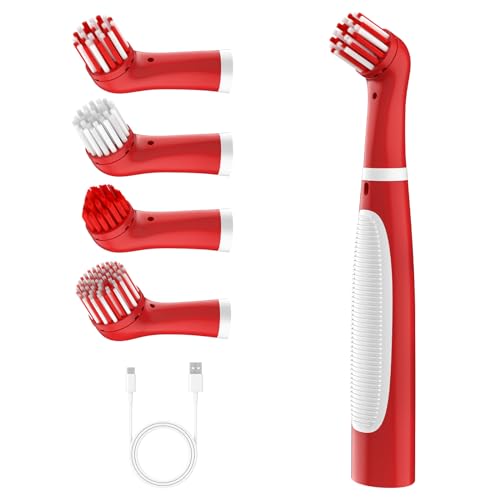 Rechargeable Electric Cleaning Brush with 4 in 1 Multiple Brush Heads and USB Cable, Indoor Household Cordless Motorized Brush for Bathroom Toilet Kitchen Tile Crevice (White & Red) - color: White & Red