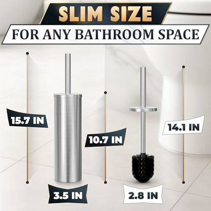 Stainless Steel Toilet Brush and Holder Set - Free-Standing Toilet Bowl Brush and Holder with Removable Inner Bowl, Splash Cover, Sturdy Bristles, Corrosion & Scratch Resistant - Modern Toilet Design - color: Silver