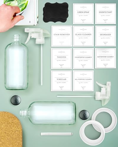 Vine Creations Glass Spray Bottles, 2 Pack Refillable Spray Bottles for Cleaning Solutions, Clear Spray Bottle for plants, Water Spray Bottle Sprayer, Glass Spray bottles 16 oz with Waterproof Labels - color: Clear Bottle / Clear Nozzle