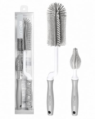Moyuum Silicone Baby Bottle and Nipple Brush Set | Made in Korea, 360 Degree Rotating Handle, Soft Bristles, Hanging Hole for Quick Drying and Storage, Dishwasher Safe (Cool Grey) - color: Cool Grey