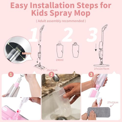 Kids Spray Mop,Fun & Functional Toddler Cleaning Set,Real Working Mop for Floors,Pretend Play – Includes Spray Bottle, 2 Washable Microfiber Pads, Montessori Kids Cleaning Toy Set -Pink - size: Spray Mop, style: Pink