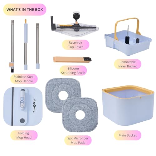 Spin Mop and Bucket System PRO w/Detachable Inner Bucket, Separates Clean and Dirty Water, Self Standing, Foldable Square Mop Head, Triple Jet Stream w/Hidden Brush, Replaceable 2pc Pads - size: Mop & Bucket, 2 Mop Pads