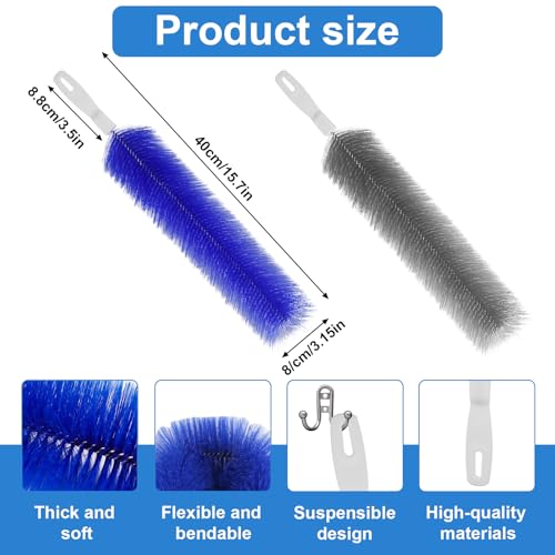2 Pcs Cobweb Duster, Bendable Fan Cleaner Brushes Set Reusable, Plastic Microfiber Duster for Air Conditioning Shutters,Ceiling Fan, Blades, Curtains,Air Vents(Blue，Gray)