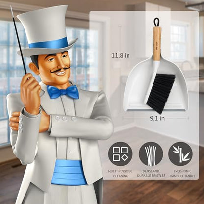 MR.SIGA Dustpan and Brush Set, Portable Cleaning Brush and Dustpan Combo with Bamboo Handle, White, 1 Set - color: White