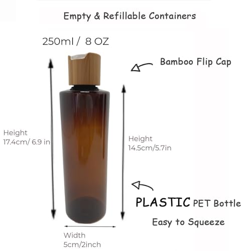 Empty Cosmetic Bottles 8oz/250ml 2 PACK With Bamboo Disc Top Flip Cap for Shampoo Lotion Liquid Soap,Cream,Refilable Plastic Squeeze Travel Size Toiletry Bottles Brown - color: Brown, size: 250ml/8oz 2Pack