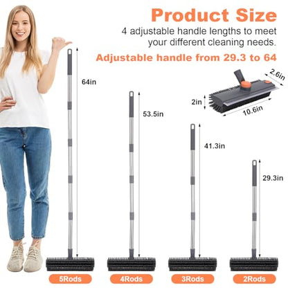 Floor Scrub Brush with 64" Long Handle - 360° Swivel Heads Household Push Brush with Squeegee and Right Angled Bristle for Cleaning Concrete Floors Grout Gardens Patio Deck Concrete Garage Heavy Duty