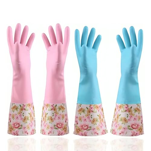 KINGFINGER Rubber Latex-Free Waterproof Dishwashing Gloves,2 Pair Medium Long Cuff Flock Lining Household Cleaning Gloves - size: 2 Pair (Pack of 1)