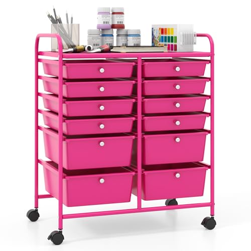 Giantex 12 Drawer Rolling Storage Cart Tools Scrapbook Paper Office School Organizer (Hot Pink) - color: Hot Pink, size: 12 Drawer-25"x15"x29.5"