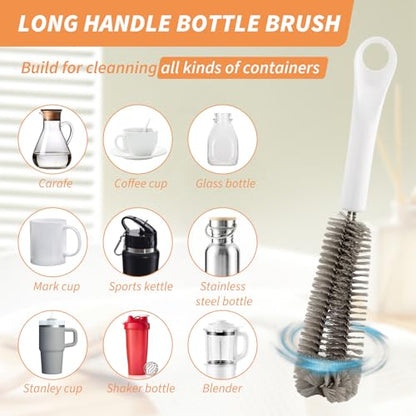 Bottle Brush for Chemex Coffee Maker with Long White Handle and Gray Nylon Bristles, Coffee Maker Bottle Brush for Glass Carafe
