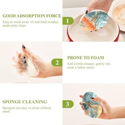 YETTASBIN Marble 3PCS Wood Pulp Scrub Sponges, Reusable Absorbent Household Cleaning Sponge Non-Scratch Kitchen Dish Sponges, Multi-Surface Safe Scrubber for Nonstick Pans, Pots