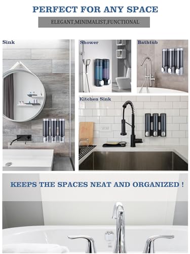 RANKADO Luxury Shower Soap Dispenser 3 Chamber No Drill,Soap Shampoo Conditioner Dispenser Bathroom Wall Mounted with Labels Hotel RV,Silver - color: 320ml X 3（silver）