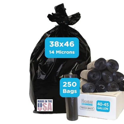 Black Garbage Bags, Made in USA, 40-45 Gallon, Light Duty, Durable, Unscented, High Density, Industrial and Commercial Use, for Lawn, Leaf, No Ears, No Ties, Bulk 250 Count - style: 40-45 Gal, 14 Micron Equiv, 250 Count, Black
