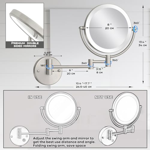 8 Inch Rechargeable Brass Lighted Magnifying Mirror Wall Mounted, 1X/5X Double-Sided Bathroom Personal Makeup Mirror with Light, Brushed Nickel - color: Brushed Nickel