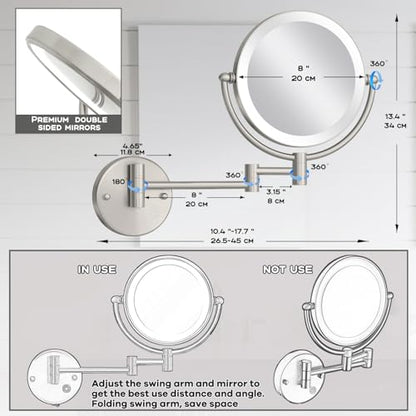 8 Inch Rechargeable Brass Lighted Magnifying Mirror Wall Mounted, 1X/5X Double-Sided Bathroom Personal Makeup Mirror with Light, Brushed Nickel - color: Brushed Nickel