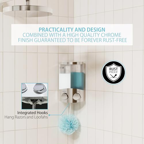 Better Living EURO Shower Dispenser Wall Mount Shower Soap Dispenser for Bathroom Hotel Body Wash, Corner or Flat Wall Shower Shampoo Dispenser, Built-in Hooks, 2 x 10.5 oz, Chrome, 2-Chamber - size: 2-Chamber