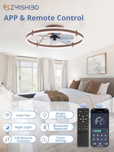 ZMISHIBO 24 Inch Ceiling Fans with Lights and Remote, Modern Low Profile Ceiling Fan, 3000-6000K Dimmable Flush Mount LED Fan Light, 6 Wind Speeds, Fandelier Ceiling Fans for Bedroom- Brown - color: Brown, size: 24 INCH