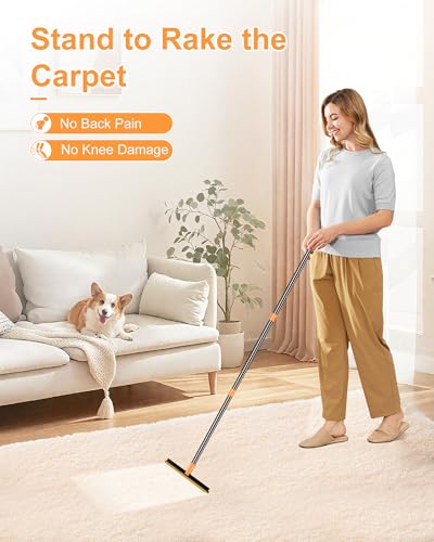 3 in 1 Carpet Rake for Pet Hair Removal Tool, 51” Adjustable Long Handle Pet Hair Removal Broom, Pet Grooming Brush, Cat Dog Hair Remover Carpet Scraper for Rugs, Mats - color: Orange-Black