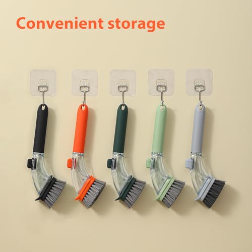 DAPOWER Soap Dispensing Dish Brush with Handle, Kitchen Scrub Brush for Dishes Pots Pans Sink Cleaning (Orange)