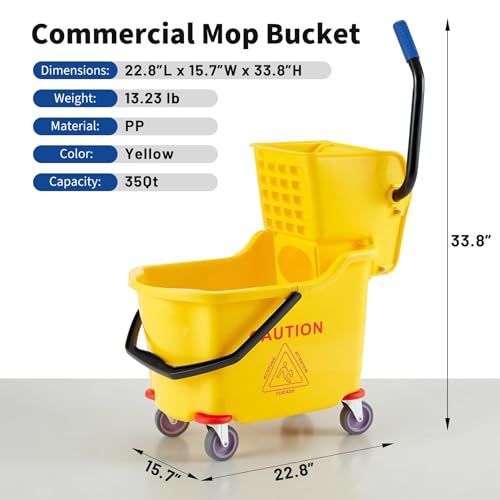 Commercial Mop Bucket with Side Press Wringer on Wheels, 35 Quart Heavy Duty Floor Cleaning Bucket, Industrial Rolling Janitorial Mop Bucket for Offices, Kitchens, Schools - Yellow