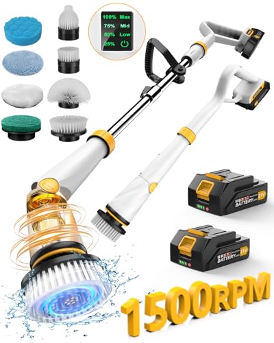 Qimedo Electric Spin Scrubber with Two Batteries Q2 Pro,1500 RPM High Power Electric Scrubber for Cleaning,Shower Cordless Cleaning Brush with Display for Tub/Tile/Floor (Effortless Handle/8 Brushes) - color: White