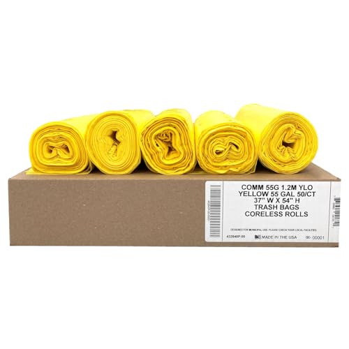Ultrasac Heavy Duty 55 Gallon Yellow Trash Bags - (Value 50 Pack) - 1.5 MIL equivalent Industrial Strength Plastic 37" x 54" for 50-55 Gal Cans -Fits Toter, Rubbermaid Brute, Carlislie Bronco etc. - color: Yellow, style: 50-55 Gal, 1.5 Mil Equiv, 50 Count