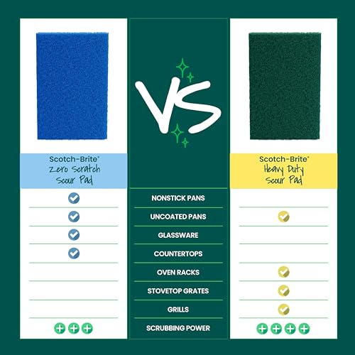 Scotch-Brite Zero Scratch Scouring Pad, Effective + Gentle Dish Scrubber for Household Cleaning, 2 Scrub Pads for Dishes, Nonstick Pots and Pans, Glass, Tubs, Showers, Reusable & Durable