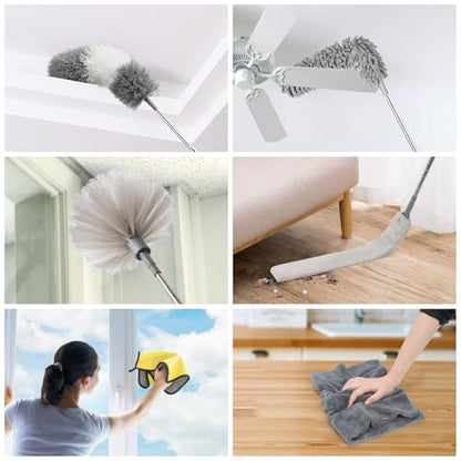 Microfiber Duster Kit 36pcs with 30 to 100 in Extension Pole and Ceiling Fan Cleaner Duster, Washable and Bendable Feather Duster for Cleaning Ceiling Fans, High Ceilings, Blinds, Grey
