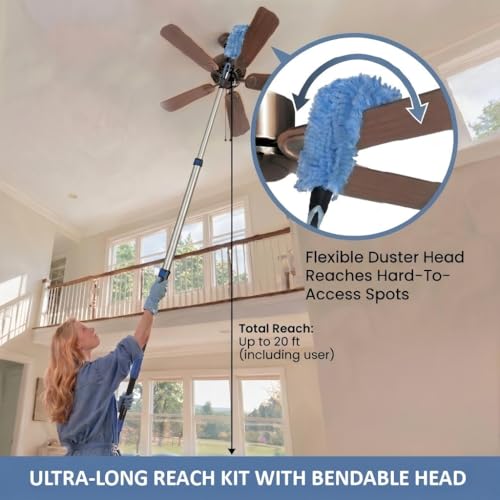 20ft High Ceiling Duster Kits with 5-12ft Heavy Duty Extension Pole - Fan Blade Cleaner, Cobweb Remover & Blue Window Squeegee Kit, Washable Dust Brush for High Roof and Glass Surfaces - size: 12FT