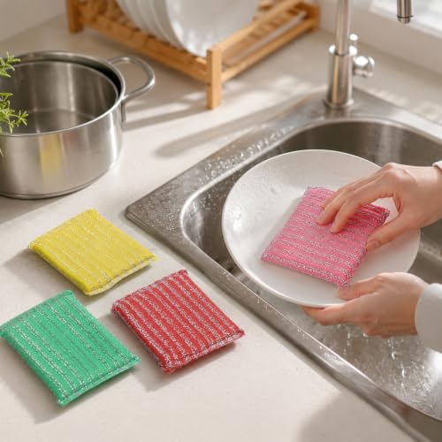 4 Pcs Multipurpose Wire Dishwashing Rags, Non Scratch Wire Dishcloth for Kitchen, Reusable Metal Wash Cloth for Dishes, Cookware, Sinks and Stove Tops (Assorted Colors)
