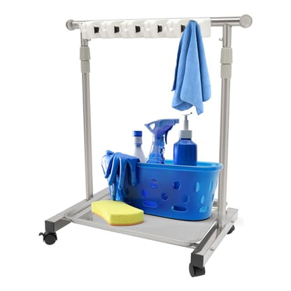 Broom Mop Holder, Movable Put Wet Mops Broom Floor Standing Cleaning Tool Rack 6 Hook and 5 Slots, Stainless Steel Cleaning Supplies Organizer for Home Schools Hospitals Factories Hotels Restaurant