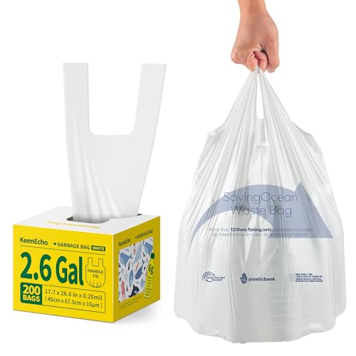 Small Trash Bags with Handles - Ocean Plastic Upcycling - Plastic Garbage Bags, Can Bin & Waste Basket Liner for Kitchen, Bathroom, Office and Pets,2.6 Gallon 200 Count White - color: 2.6Gal White, size: 1 DISPENSER BOX