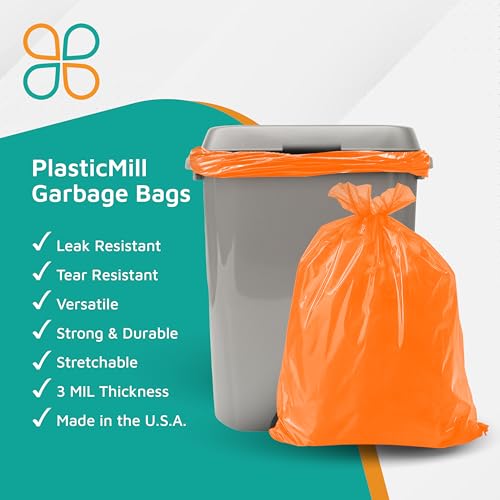 PlasticMill Heavy Duty Trash Bags - Orange Garbage Bags - Plastic Trash Bags - Tall Trash Bags, Trash Can Liners - 50-60 Gallon Large Kitchen Trash Bags, 3 Mil, 38"x58" (50-Count)