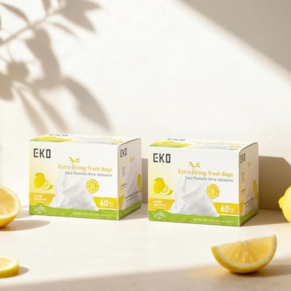 EKO 21 Gallon / 50-90 Liter, 60 Count Drawstring Trash Bags, Extra-Strong Garbage Bags, Lemon Zest Scent with Continuous Odor Control, Easy-Dispense Roll for Kitchen and Household Use, Code G, White - size: 60 Count (Pack of 1), style: 21 Gallon Bags/Code